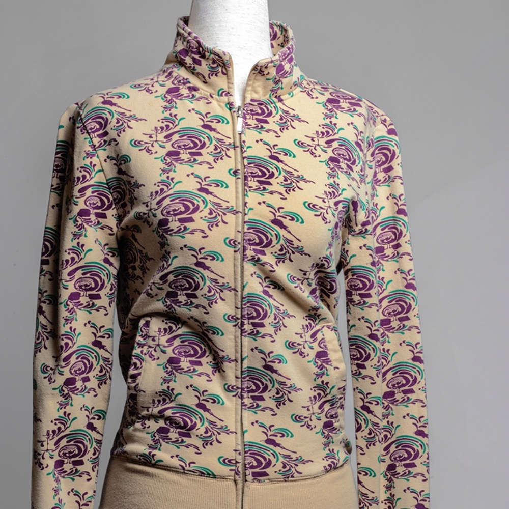 Reverse Long Sleeve Beige printed Bomber Jacket.  Size S